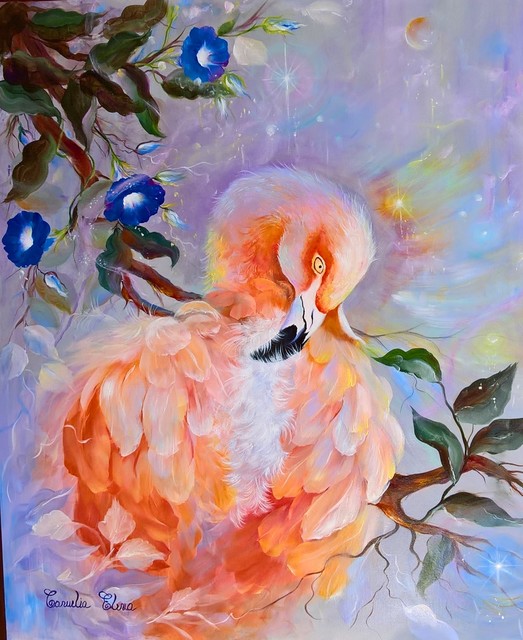 Artist Camelia Elena. 'Pink Flamingo And Blue Flowers' Artwork Image, Created in 2017, Original Painting Oil. #art #artist