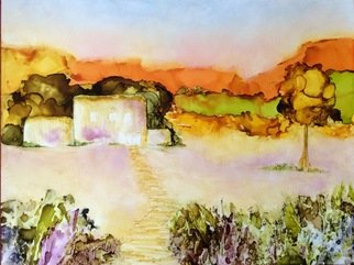 Karen Jacobs: 'adobe at sunset', 2019 Ink Painting, Abstract Landscape. Original ink painting on paper. Includes white mat, backer board and protective sleeve. Fits in a standard 11x14 frame. Numbered prints are available. ...
