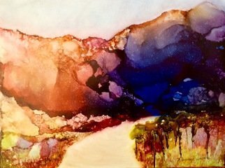 Karen Jacobs: 'yellow brick road', 2018 Ink Painting, Abstract Landscape. Original 11 x 14 on paper.  Includes custom cut mat, backer board and protective sleeve.  Numbered 8 x 10 prints also available.  35 dollars each...