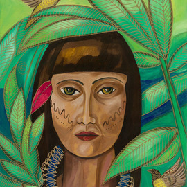 Katerina Bohac Linares: 'yanomami', 2019 Oil Painting, Figurative. Artist Description: Yanomami woman, she comes from the Amazon rainforest. They are strong women who look after their tribe and take care of Mother Earth. They have communication with plants and animals. The shaman woman is the direct representation of nature. Its connection comes directly from the earth and plants. ...