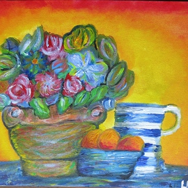 Kay Liebenberg: 'Sunrise of Flowers', 2015 Acrylic Painting, Still Life. Artist Description:  Flowers, Sun, Sunrise, Warm, Rose, Bowl, Fruit, Still Life, Sunny, Red, Blue, Jug, Blue and white, beautiful, expressive, expressionistic, Impressionism  ...