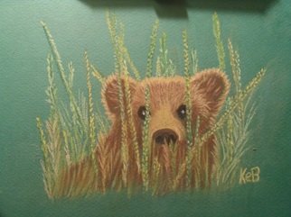 Karen Bernard: 'Little Bear', 2014 Pastel, nature.  Hand drawn original pastel of baby bear in meadow grass. Pencil pastel on green pastel paper. ...