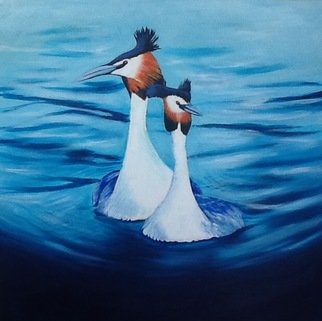 Kees Van Eyck: 'amore acqua dolce', 2017 Acrylic Painting, Birds. a couple of great crested grebes...