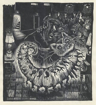 L. Kelen: 'betty s nightclub', 2017 Woodcut, Animals. Shes out, wild and dangerousMore than just a Protector Cat, and Cricket Killer, my 7 Pound Betty alias Assassin Cat has an Alternative Life which I have finally discovered, cut INTO wood and now have prints which prove her whereabouts at night, while the rest of us sleep.  nightclub, ...