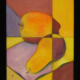 Kelly Parker: 'VY still life', 2010 Oil Painting, Still Life. Artist Description:  still life, fruit, pear, pears, apple, apples, oil, oil painting, divided, 2 color, 2- color, violet, purple, yellow, yellows, complimentary colors,  ...