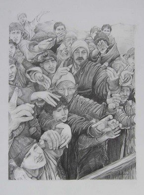Ken Hillberry: 'Daily Bread', 1999 Pencil Drawing, World Conflict.  Albanian refugees, during the conflict in the MIddle East, had to endure day to  day crossfire and untold hardships. ...