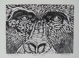 Ken Hillberry: 'Face to Face', 2001 Linoleum Cut, Wildlife.  The facial expression captured closely favors my own.The process and result is as impressionistic and unpredictable as the nod it composes.  ...