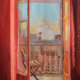 Anyck Alvarez Kerloch: 'balcony', 2023 Acrylic Painting, Landscape. Artist Description: An open window on a summer afternoon with a golden light coming in and reflecting on the window. Belongs to an ongoing series of works on windows. ...