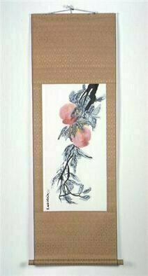 Kichung Lizee: 'Two Fleshes', 2002 Mixed Media, Botanical.  done on mulbery paper, using Chinese ink, Eastern calligraphy brush and water color.  presented as a traditional Asian scroll. ...
