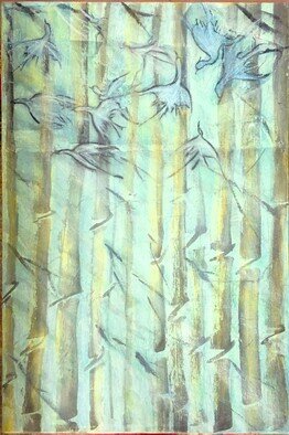 Kichung Lizee: 'passage through bamboo forest', 2023 Mixed Media, Spiritual. bamboo forest with white cranes ...