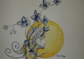 Kimmie Hamm: 'Princess Moon Flower', 2015 Watercolor, Archetypal. On the eve of her emergence ceremony the princess gathers blue and white moon flowers, for tomorrow the Harvest moon will be full and golden yellow. The whole clan will help her prepare for the journey ahead. She will travel to the world of humans and become one of them. ...