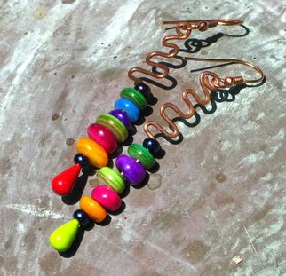 Cheryl Brumfield-knox: 'Colorful Copper Squiggles', 2011 Jewelry, Magical.  An energetic, fun, summer- time design made from hammered copper wire and colorful glass beads that remind me of Skittles candies! The entire overall length is 3