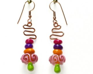 Cheryl Brumfield-knox: 'Cup Cake Sweet Swirls and Curls', 2011 Jewelry, Undecided.   Colorful glass and swirly lampwork beads, topped with copper twirls- made for the festive mood! This fun pair measures just over 2 1/ 4