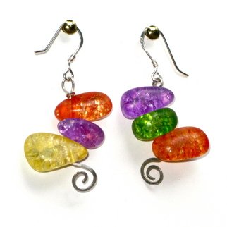 Cheryl Brumfield-knox: 'Jelly Beans', 2011 Jewelry, Magical.  Jelly Bean earrings! Fellow jelly bean- lovers will swoon over these yummy little jewels! Colorful crackle- glass beads with sterling silver ear wires, connected with sterling silver wire with a gently hammered, curly- q finish. Measures 1 3/ 4