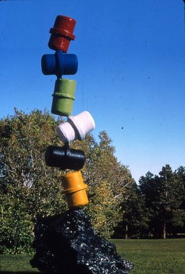 Ivan Kosta: 'Barrelly Standing', 1998 Mixed Media Sculpture, Satire.  Several colorful barrels stacked upon each other in a precarious position, ready to tumble down. . . ...