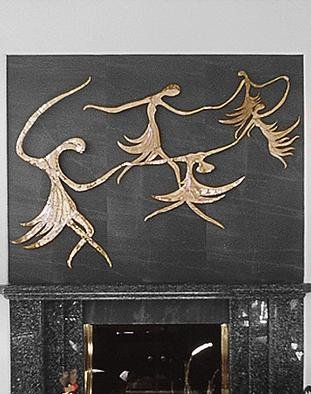 Ivan Kosta: 'Firefairies', 1997 Bronze Sculpture, Figurative. Apolished, cast bronze wallpiece on a dark green slate background, over a fireplace....