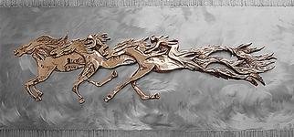 Ivan Kosta: 'Memory Riders', 1998 Steel Sculpture, Equine. Cast bronze on stainless steel background - horses with vague riders  galloping in the clouds. . . Viewers' imagination invited. ....