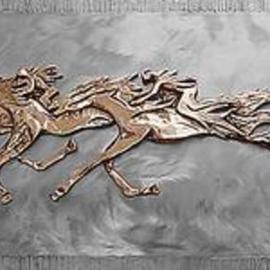 Ivan Kosta: 'Memory Riders', 1998 Steel Sculpture, Equine. Artist Description: Cast bronze on stainless steel background - horses with vague riders  galloping in the clouds. . . Viewers' imagination invited. ....