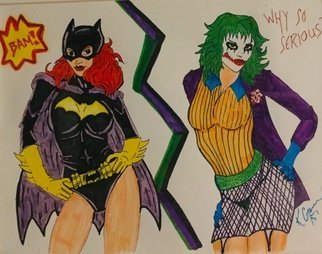 Kristin  Garrow: 'so serious', 2015 Marker Drawing, Comics. My rendition of batgirl and a female joker matted and framed...
