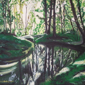 Claudia Luethi Alias Abdelghafar: 'forest play with sunlight', 2006 Other Painting, Landscape. Artist Description: Oilpainting on canvas from a forest playing with the sunlight. Look at the sun which is breaking through the trees and the image who is reflecting on the water. As a child I was a lot of times playing in the forest, sometimes with other children or alone ...