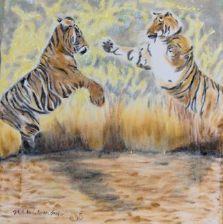 Claudia Luethi Alias Abdelghafar: 'two tigers fighting', 2016 Oil Painting, Animals. Dynamic oilpainting on white velvet from two tiger fighting or are they playing  The fighting tigers who show the new, the playing. There is no winner and no looser, just only the two strong and equal tigers. This technique is very rare and difficult. There are only a few painters ...