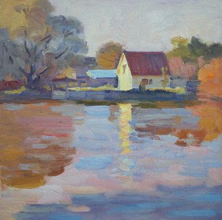 Lena Kurovska: 'Autumn Evening', 2014 Oil Painting, Landscape.  landscape, oil painting on canvas on board, river, plein air, evening, riverscape ...