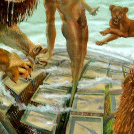 Laisk Serg: ' from darkness to light', 1998 Oil Painting, nudes. Artist Description:    metropolis, light, darkness, the lion, jaws, canine, takeoff, flight, home, skyscraper         ...