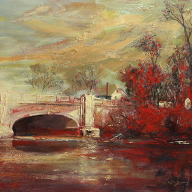 Larry Kaiser: 'Fall Creek Bridge', 2006 Oil Painting, Cityscape. Artist Description:  Contemporary impressionism: A beautiful spot in Indianapolis, a touchstone of sorts.  A friend of mine took me to the river bank below the bridge and explained that when her mother died in a near- by hospital, this bridge is where a short, sad walk took her, and where ...