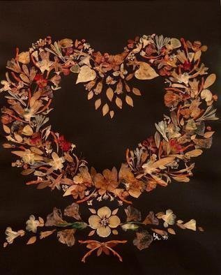 Luise Andersen: 'Precious Heart', 1995 Collage, Botanical. Precious in many ways. . . . When I started this piece. . . I thought, it would be real easy. . . to do a heart. . . specially with beautiful blossoms. . . petals. . . leaves. . . I was surprised. . .  thatit engaged me in many hours. .  several weeks. . . to arrange more than l50 little pieces. . .  look forthem. . . sort. . . . arrange ...