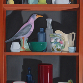 Laura Shechter: '22 Objects', 2000 Oil Painting, Still Life. Artist Description:  3 shelves of still life objects in a bookcase, bowls, creamers. .   ...