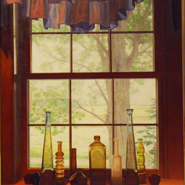 Laura Shechter: 'Black Lotus Tree', 2011 Oil Painting, Still Life. Artist Description:   farm view through window, glass objects, early morning light  ...