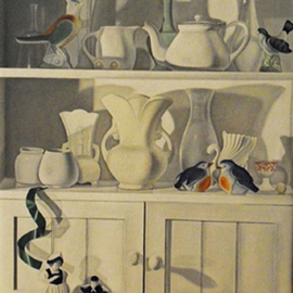 Laura Shechter: 'Still Life with 4 Birds', 2008 Oil Painting, Still Life. Artist Description:  3 shelves in a white cabinet, white objects, white cabinet          ...