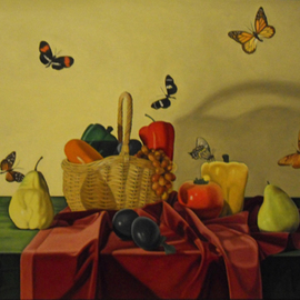 Laura Shechter: 'Still Life with 6 Butterflies', 2001 Oil Painting, Still Life. Artist Description:   butterflies surreal still life objects basket artifial fruit red yellow     ...