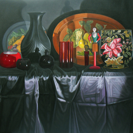Laura Shechter: 'Still Life with a Tray III', 2012 Oil Painting, Still Life. Artist Description:  Neo Classical, blue cloth, black and Red wooden doll  ...