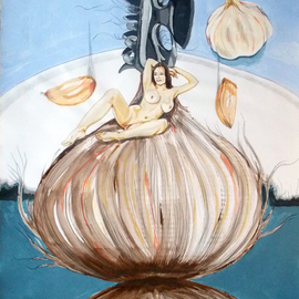 Lazaro Hurtado: 'The onion maiden and her hair', 2013 Acrylic Painting, nudes. Artist Description: Illustrated thoughtsOriginal painting by Lazaro Hurtado.  Processing 3 business days.  Sent rolled in a tube with certificate of authenticityfigurative, expressionism, conceptual, surrealism, people, woman...