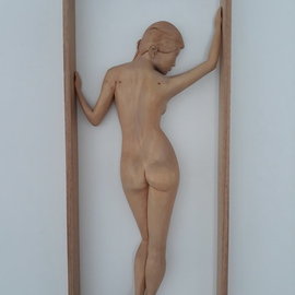 Lee Forester: 'framed female nude', 2019 Wood Sculpture, Nudes. Artist Description: Based on a live model in my studio, I carved this timeless pose from English Lime- Wood and mounted it in a frame made of Eucalyptus plywood. I find that the natural beauty of wood complements the soft curves of the feminine figure perfectly and the smooth finish ...