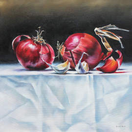 Daniele Lemieux: 'Big Reds', 2013 Oil Painting, Still Life. Artist Description: This unusual and dynamic painting of red onions makes a big statement and is attractively framed in a 2- inch black wood floating frame, which will look great in any setting. ...