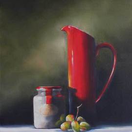 Daniele Lemieux: 'Still Life in Red and Green', 2007 Oil Painting, Still Life. Artist Description: This winsome painting has a lot of personality for a simple subject and is attractively framed in a 2- inch black wood floating frame, which will look great in any setting. ...