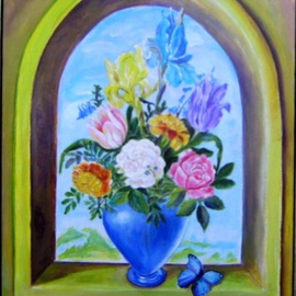 Larsen Lena: 'Flowers with a blue butterfly', 2008 Acrylic Painting, Still Life. Artist Description:  Acrylic painting on canvas stretched on wood,  framed.  ...