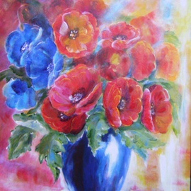 Larsen Lena: 'Poppies in a Blue Bottle', 2008 Acrylic Painting, Still Life. Artist Description:  Acrylic painting on canvas stretched on wood,  framed. ...