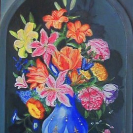 Larsen Lena: 'Summer bouquet in a Blue Bottle', 2008 Acrylic Painting, Still Life. Artist Description:  Original Acrylic painting on canvas stretched on wood,  framed.  This is new painting, not a print, but 100% hand painted. ...