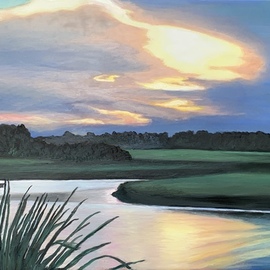 Patricia Leone: 'Into the Brighter Light', 2020 Oil Painting, Landscape. Artist Description: Oil on canvas.  A brighter and bluer version of the purple aEURoeInto the LightaEUR of a sunrise along the intercostal waterway in Thunderbolt, Georgia. ...