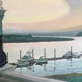 Patricia Leone: 'nicky on balcony', 2018 Oil Painting, Landscape. Artist Description: My cat, Nicky, enjoying the scene of Wilmington River along the intercostal waterway in the fishing village of Thunderbolt, Georgia...