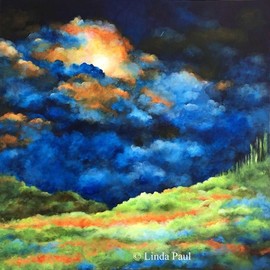 Linda Paul: 'enlightenment', 2018 Acrylic Painting, Abstract Landscape. Artist Description: Sky, clouds and fields contemporary landscape painting in blue, green  and orange. Inspirational art. ...