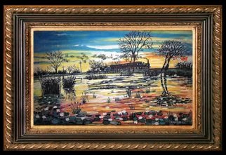 Vranceanu Aurelian: 'sunset on the pond', 2019 Oil Painting, Landscape. Sunset on the pond- oil on canvas- landscape - impressionism romantic- 70x40cmm- created in 2019- for info  - tel +40764800326 or +40724633073 , mail radu_ aurel2004yahoo.  comfacebook Radu Aurelian Exhibition...