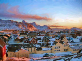 Asbjorn Lonvig: 'Nuuk City Greenland at Polar Night', 2014 Digital Painting, Landscape.  Nuuk City is the capitol of Greenland.Enjoy the Polar Night atmosphere. ...