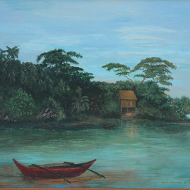 Lorrie Williamson: 'Mystery of the Red Canoe', 2003 Oil Painting, Scenic. Artist Description:  A narrative that' s best unspoken.  A South Florida land and sea scape for the viewer' s pleasure. ...