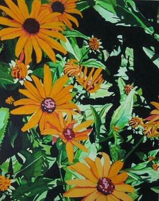 Claudette Losier: 'puzzle of black eyed suzzies', 2009 Oil Painting, Floral. flowers in my garden. ...