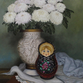 Luiz Henrique Azevedo: 'Matrioska', 2015 Oil Painting, Still Life. Artist Description:  A Russian doll and chrysanthemums ...