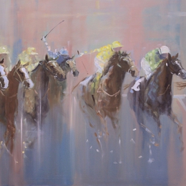 Tom Lund-lack: 'Everyone a Winner', 2015 Oil Painting, Equine. Artist Description:  Another dramatic painting of the power and athleticism of the thoroughbred. Called it Everyone a Winner as the result of this could be just that. Im looking for what makes the essesence of a horse race, the colour, speed and competetiveness. Oil on board ...